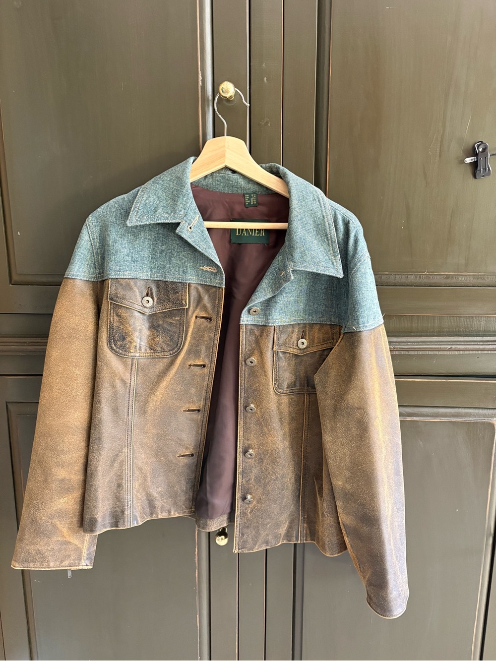 Danier Brown Leather Jacket with Teal Fabric Yoke